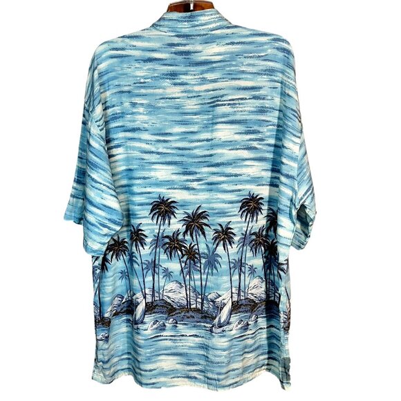 Half Moon Bay VTG Rayon Hawaiian Shirt XL Sailboats Palm Trees Made in Korea - Picture 2 of 5